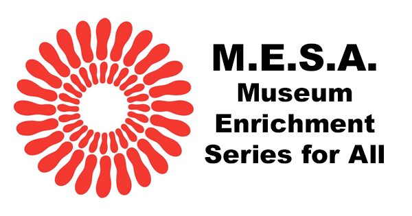a red and white logo with the words mesa museum enrichment series for.