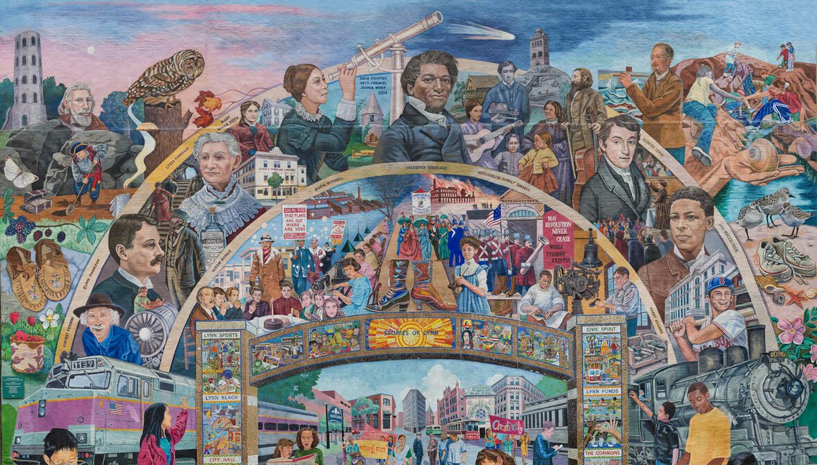 a painting of a city with people and a bridge.