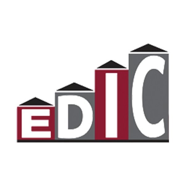 a red and black logo with the word edd.