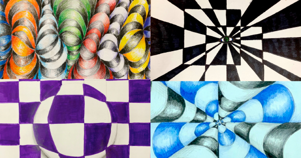 a group of four different colored drawings of different shapes.
