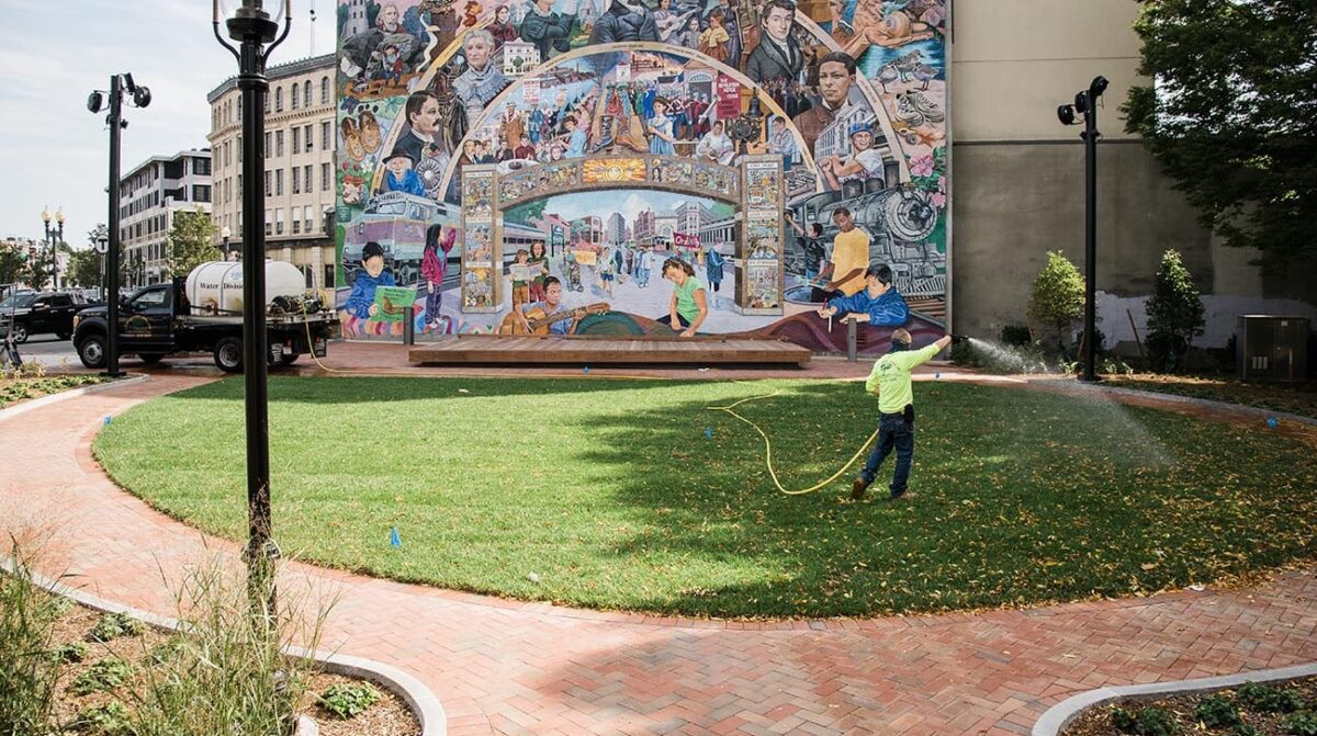 Park in Downtown Lynn with mural in background
