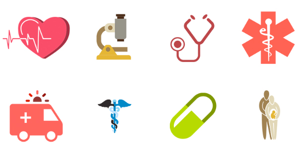 a variety of medical icons including a stethoscope, a doctor's.