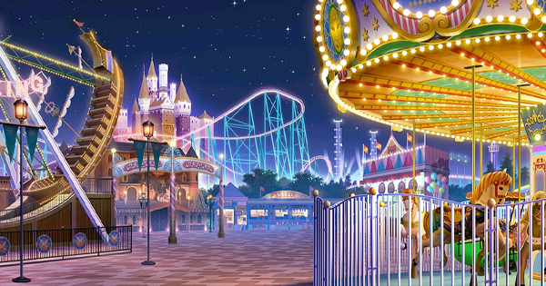 an amusement park at night with a carousel and rides.