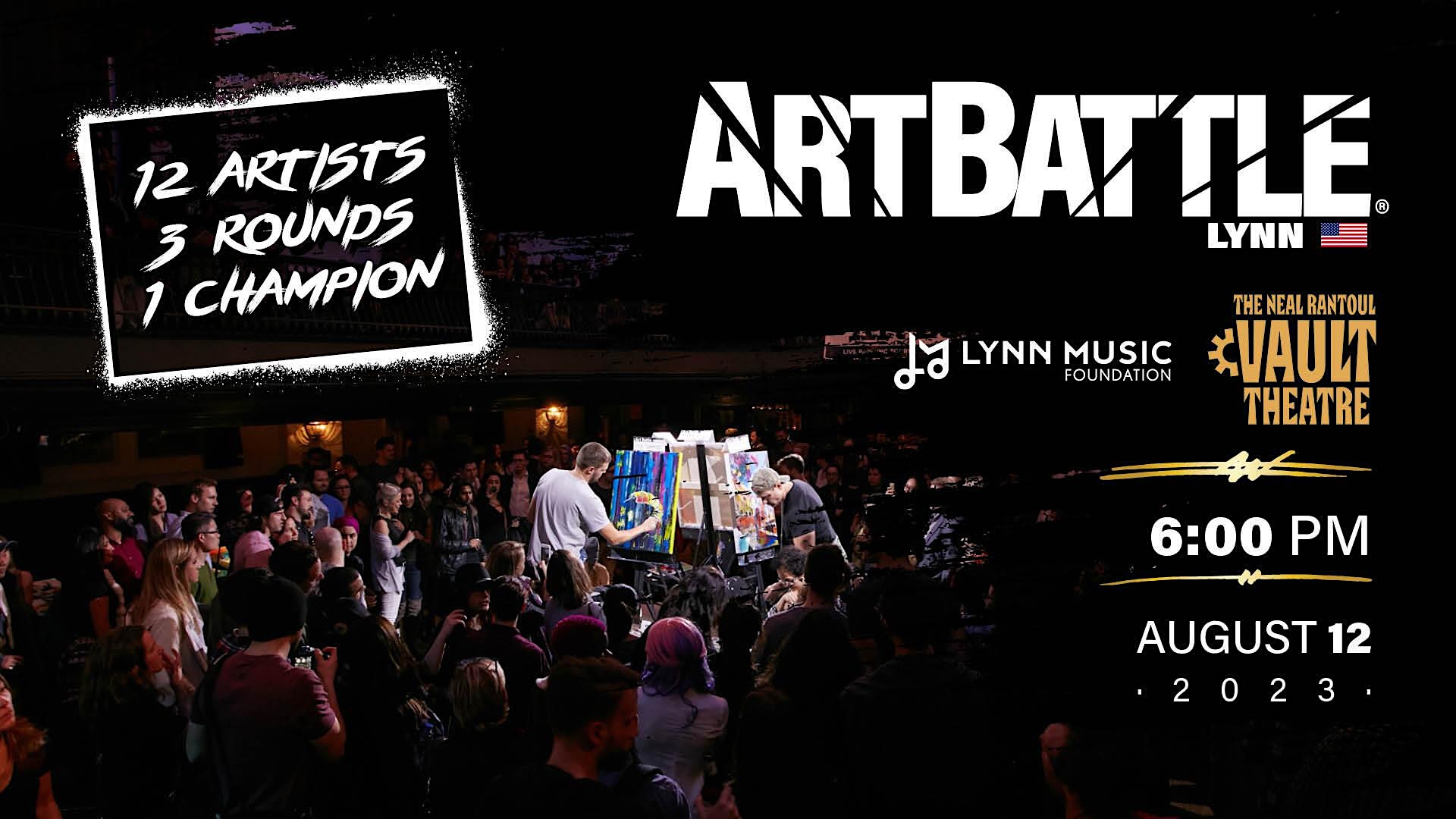 a poster for art battle with a crowd of people.