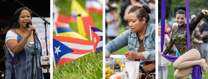 Check out our four-panel image highlighting the lively spirit of Diversity Matters Fest! From a passionate speaker at the mic to colorful flags adorning lush grass, a woman serving up delicious food, and a mesmerizing aerial silk performer—each moment captures the heart of our diverse community celebration.