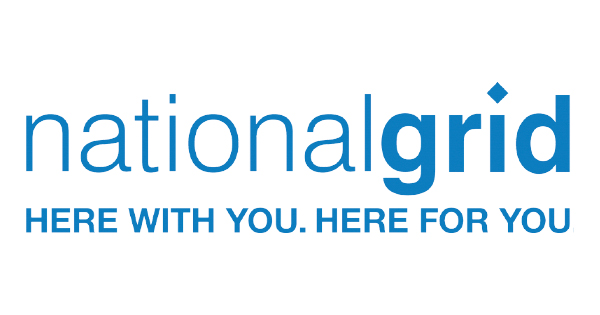 National Grid's blue logo and "Here with you. Here for you" tagline on a clean, white background create a trustworthy and supportive brand image.