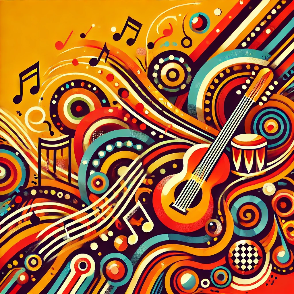 Explore a vivid abstract illustration alive with color and rhythm! This eye-catching artwork features a guitar, drum, musical notes, and dynamic swirling patterns in striking shades of red, orange, blue, and yellow.