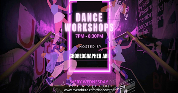 **Join Our Dance Workshops with Choreographer Ari!**

- **When?** Every Wednesday, 7 PM - 8:30 PM
- **Starting:** July 10th

Get ready for some electrifying fun as you learn new moves in our neon-lit classes! No experience needed – just bring your love for dance. 💃✨🕺

Don’t miss out – mark your calendar and show up ready to groove!