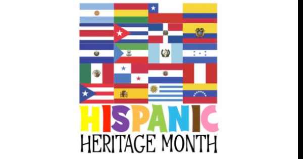 Vibrant flags from numerous Hispanic countries are displayed above dynamic, colorful text that proudly announces "Hispanic Heritage Month.