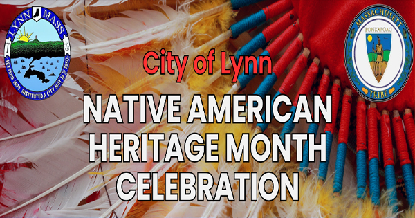 Banner featuring two seals and vibrant feathers: "Celebrate Native American Heritage Month in the City of Lynn!