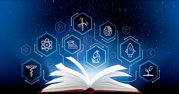 Imagine an open book with glowing icons hovering above it, showcasing a range of subjects like science, technology, and education, all set against a mesmerizing starry backdrop.