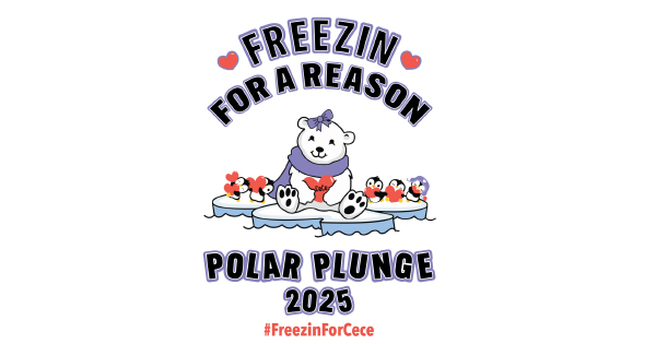 Image Description: A cheerful polar bear wearing a purple bow, surrounded by tiny animals on an icy landscape.

Text: "Dive in for a Cause! Polar Plunge 2025. Join the fun with #FreezinForCece.