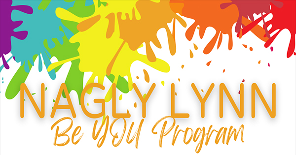 Vibrant splashes of paint featuring the phrase "Nagly Lynn Be YOU Program" in bold orange letters.