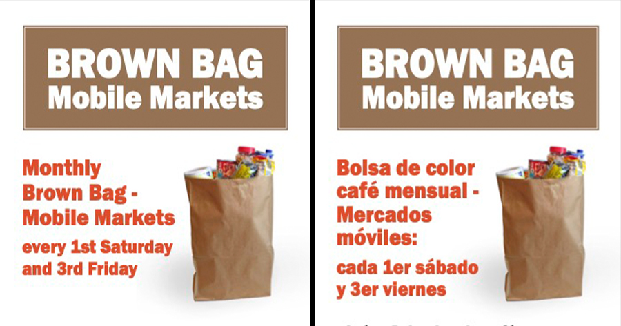 Discover Our Brown Bag Mobile Markets! Join us for our monthly events where you can get fresh groceries on the go. 🛍️ When? - 1st Saturday and 3rd Friday of every month Bring your grocery bags and enjoy a convenient shopping experience right in your neighborhood! --- ¡Descubre Nuestros Mercados Móviles Brown Bag! Únete a nuestros eventos mensuales donde puedes obtener productos frescos sobre la marcha. 🛍️ ¿Cuándo? - Primer sábado y tercer viernes de cada mes ¡Trae tus bolsas de supermercado y disfruta de una experiencia de compras conveniente en tu vecindario! Images of grocery bags to remind attendees to bring their own. Make sure not to miss it!.