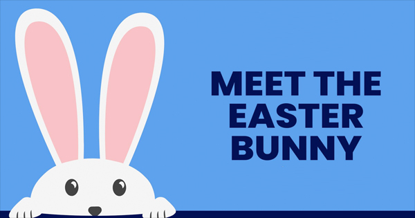 Illustration: A cute white bunny with pink ears peeping up, paired with "Meet the Easter Bunny" text on a vibrant blue backdrop.