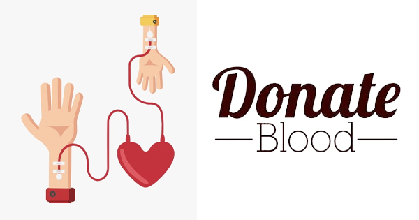 A simple illustration shows two arms linked by a tube forming a heart shape, symbolizing the act of giving blood. On the right, bold and stylish lettering reads: "Donate Blood." This eye-catching design encourages viewers to take action and support life-saving blood donations.