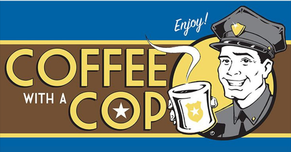 Smiling officer with a badge mug and "Enjoy! Coffee with a Cop" text on vibrant blue, brown, and yellow—a warm invite to connect.