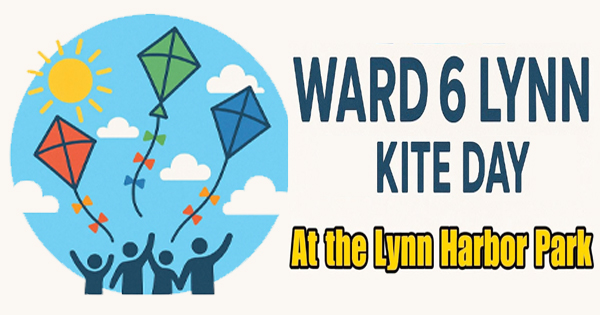 Four neighbors joyfully fly vibrant kites under a sunny sky at Ward 6 Lynn Kite Day, celebrating Essex County community spirit.