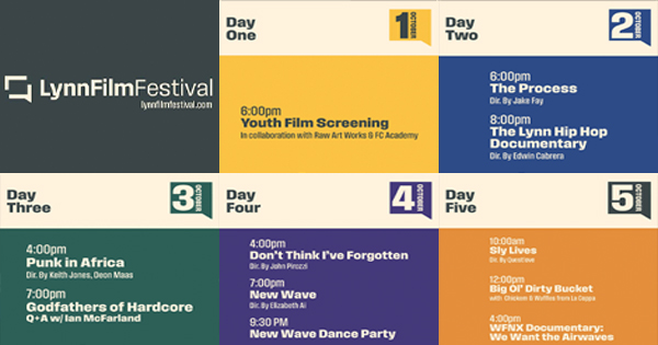 The Lynn Film Festival schedule bursts with local film titles, directors, and daily highlights in bright boxes, uniting Essex County’s creative community.