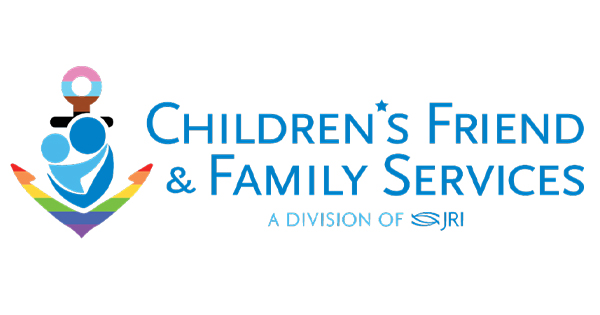 Vibrant logo for Children's Friend & Family Services: joyful adult and child figures above rainbow hands, symbolizing Essex County unity.