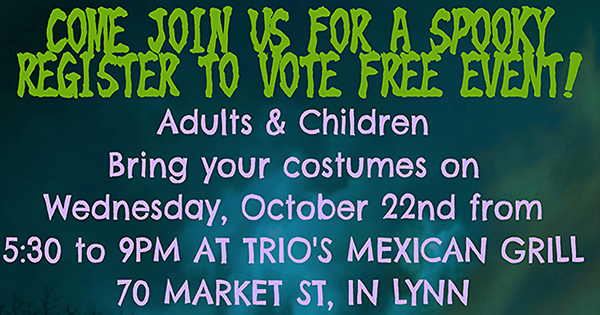 A colorful digital flyer with lively green and purple text sparks excitement for a free Essex County costume night and voter drive for all ages.