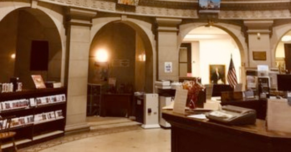 A lively Essex County library with arched doorways, bustling shelves of books and DVDs, art-filled walls, and a welcoming service desk.