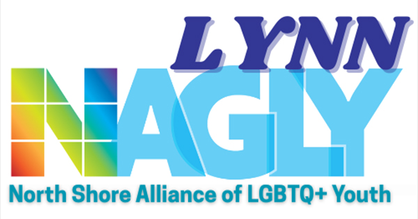 Vibrant logo for Lynn NAGLY, a welcoming Essex County LGBTQ+ youth hub. Bold blue letters, purple "LYNN," rainbow-gradient "N," teal tagline.