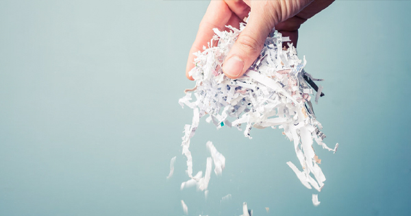 A hand lifts shredded paper on a bright blue backdrop, symbolizing Essex County’s creative spark and shared eco-conscious action.