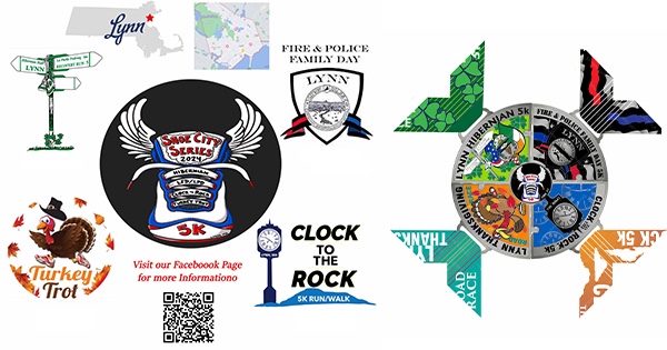 A lively collage of Lynn, MA event logos, maps, and signs celebrates local spirit—runs, family days, and the Essex County Turkey Trot.
