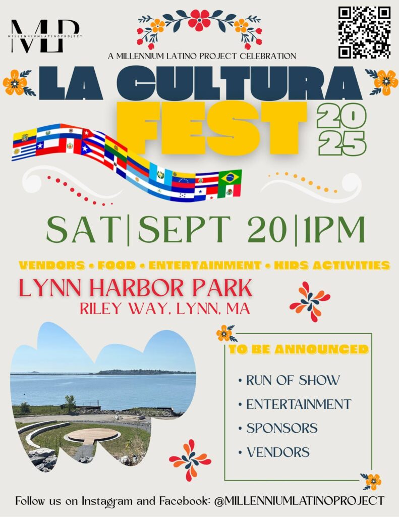 Colorful La Cultura Fest 2025 flyer bursts with lively graphics and Lynn Harbor views, uniting Essex County for a vibrant, creative celebration.