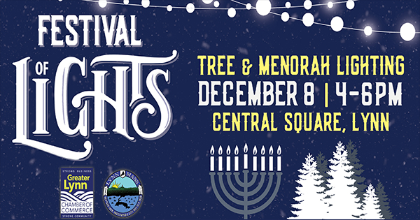 Festive graphic invites all to Lynn’s spirited Festival of Lights, Dec 8, Central Square—uniting Essex County with joyful lights and art.