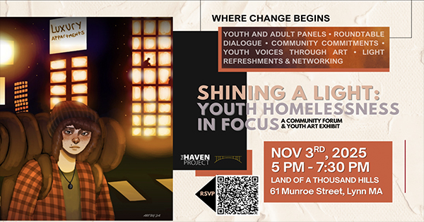 Colorful flyer for “Shining a Light: Youth Homelessness in Focus”—Essex County event details, lively night scene art, RSVP QR code.
