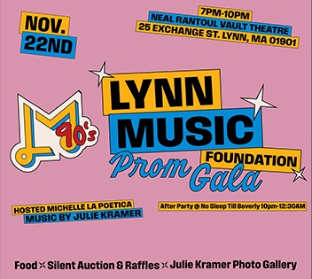 A lively Lynn Music Foundation Prom Gala poster spotlights local unity, Essex County flair, festive tunes, food, raffles, and community fun.