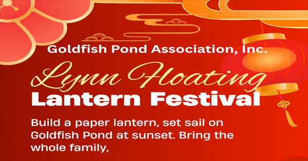 A lively red-orange flyer invites Essex County families to unite at the Lynn Floating Lantern Festival, creating and floating lanterns together on Goldfish Pond at sunset, surrounded by festive flowers and lantern artwork.