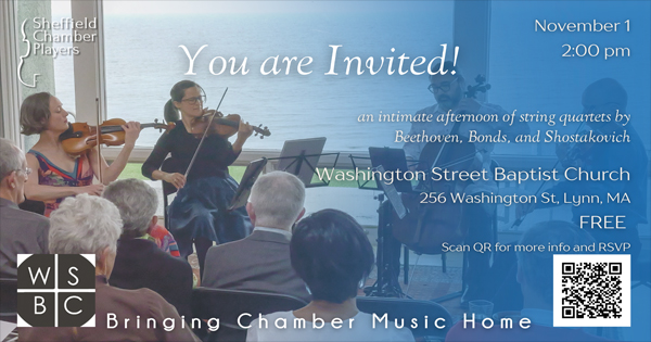 Lively invite to a free local chamber music concert, uniting Essex County’s community at Washington Street Baptist Church on Nov 1, 2 pm.