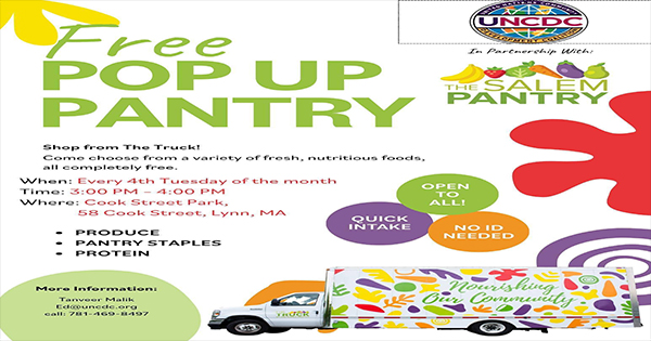 Vibrant flyer for free pop-up pantry by UNCDC and The Salem Pantry, bringing Essex County neighbors fresh food and unity. Colorful food truck.
