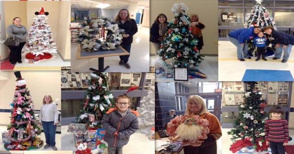 A joyful collage of Essex County neighbors celebrating by creative Christmas trees, sharing ornaments, gifts, and festive spirit together.