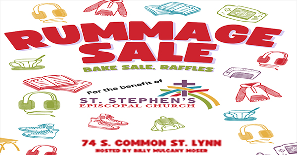Vibrant rummage sale flyer for St. Stephen's Episcopal Church with lively art of clothes, books, and tech, uniting Essex County neighbors.