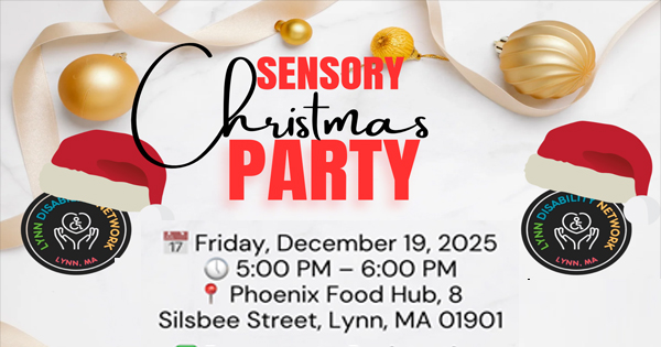 Festive flyer for Essex County’s Sensory Christmas Party, Dec 19 at Phoenix Food Hub, Lynn. Bright ribbons, ornaments, Santa hats unite community.