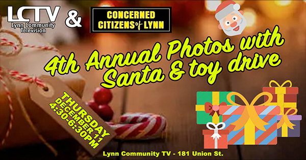 Colorful flyer for Lynn’s lively 4th Annual Photos with Santa & local toy drive, uniting Essex County neighbors at LCTV, Dec 14.