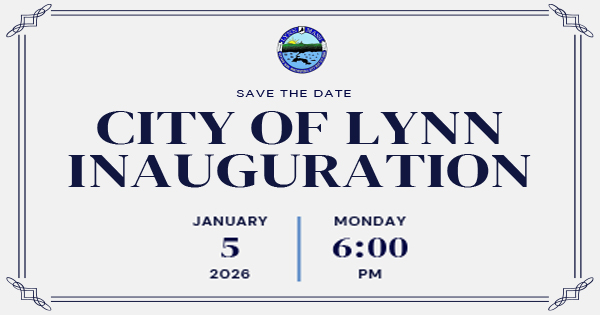 A vibrant City of Lynn Inauguration invitation with the city seal atop, festive borders, and Essex County pride—January 5, 2026, 6 PM.