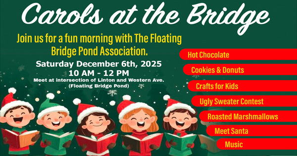 A lively flyer for “Carols at the Bridge” spotlights joyful kids singing, Essex County fun, crafts, cocoa, Santa & holiday cheer.