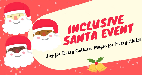 Three vibrant Santas of diverse skin tones beam together, inviting all to Essex County’s "Inclusive Santa Event"—spreading culture, joy, and unity.
