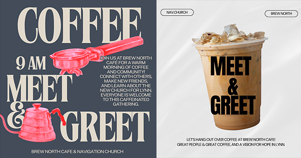 A vibrant graphic buzzing with community spirit invites Essex County locals to Brew North Cafe for a creative coffee meet & greet.