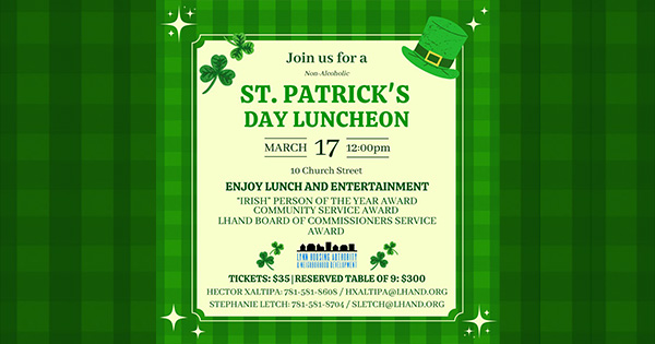 Lively green flyer invites Essex County to a festive St. Patrick’s Day lunch with shamrocks, leprechaun hat, and local details.
