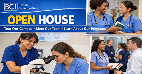Vibrant Boston Career Institute Open House banner with locals in scrubs sharing ideas, women exploring science, and lively group chats.