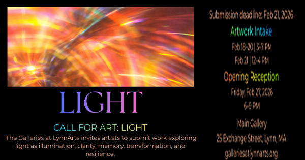 Vibrant digital flyer with dynamic light bursts, inviting Essex County artists to LynnArts’ “LIGHT” call, sharing key dates and contacts.