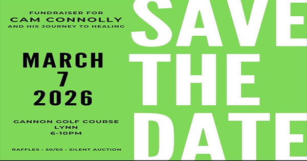 Vibrant green and white flyer invites our Essex County community to Cam Connolly’s March 7 fundraiser in Lynn—raffles, auction, local impact!.