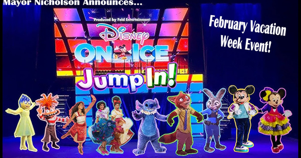 Vibrant promo for "Disney On Ice: Jump In!" unites Essex County with beloved characters and Mayor Nicholson for a creative vacation event.