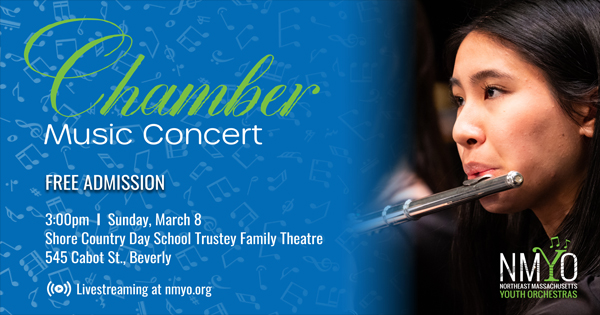 A talented young woman passionately plays the flute, spotlighting a free, vibrant Chamber Music Concert uniting Essex County on March 8, 3pm at Shore Country Day School in Beverly. Enjoy local youth talent—livestreamed by Northeast Massachusetts Youth Orchestras!.